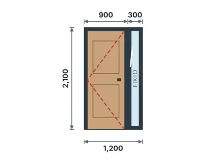 DE-02 Entrance door with side light technical drawing, viewed from outside