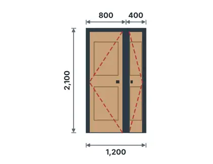 DE-03 Double entrance door (unequal) technical drawing, viewed from outside
