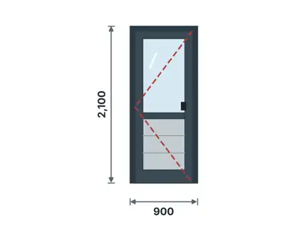 DK-01 Aluminium semi-solid door (glass top, panel bottom) technical drawing, viewed from outside