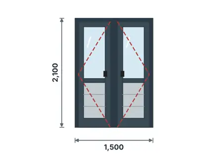 DK-02 Aluminium double semi-solid door technical drawing, viewed from outside