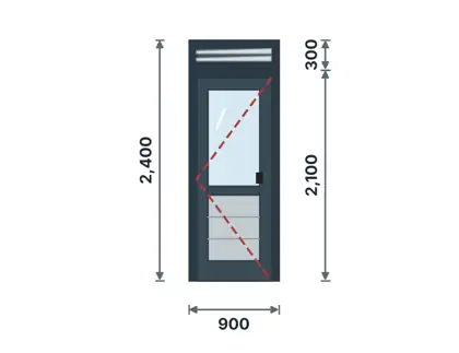 DL-01 Semi-solid door with aluminium louvre fanlight technical drawing, viewed from outside
