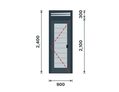 DL-02 Aluminium panel door with louvre fanlight technical drawing, viewed from outside