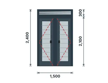DL-03 Double aluminium panel door with louvre fanlight technical drawing, viewed from outside
