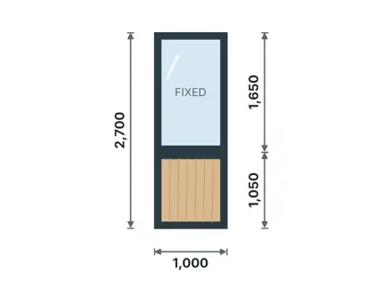 PM-02 Aluminium partition – MDF dado + glass technical drawing, viewed from outside