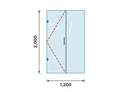 PS-02 Shower door + fixed panel technical drawing, viewed from outside