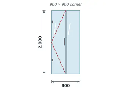 PS-03 Corner shower enclosure technical drawing, viewed from outside