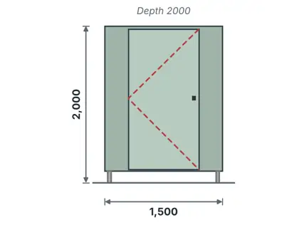 PT-03 Accessible WC cubicle technical drawing, viewed from outside