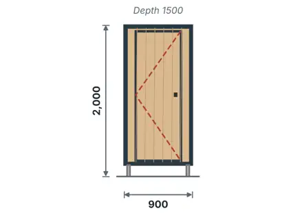 PT-04 Toilet cubicle – aluminium frame + MDF technical drawing, viewed from outside