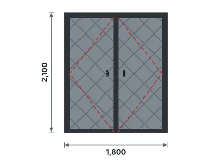 SD02-F Double steel door technical drawing, viewed from outside