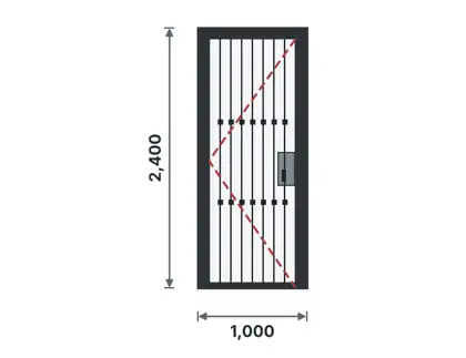 SD06-G Steel security grille door technical drawing, viewed from outside