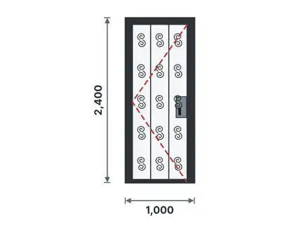 SD06-I Steel security grille door technical drawing, viewed from outside