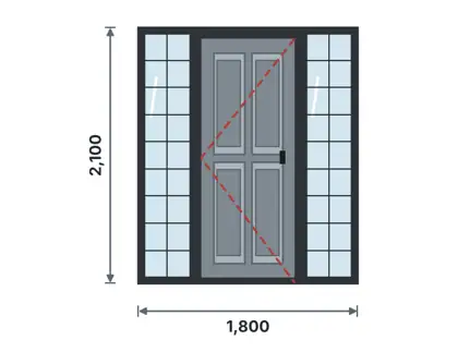 SD08-D Steel door with side lights – 4-panel embossed + wide square grid glazing drawing