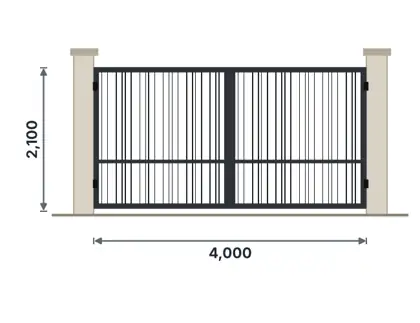 SG02-N Double swing driveway gate technical drawing, viewed from outside