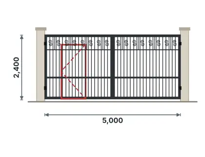 SG07-G Double gate with wicket door technical drawing, viewed from outside