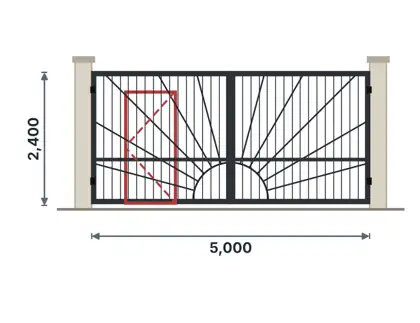 SG07-H Double gate with wicket door technical drawing, viewed from outside