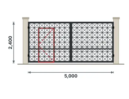 SG07-M Double gate with wicket door technical drawing, viewed from outside
