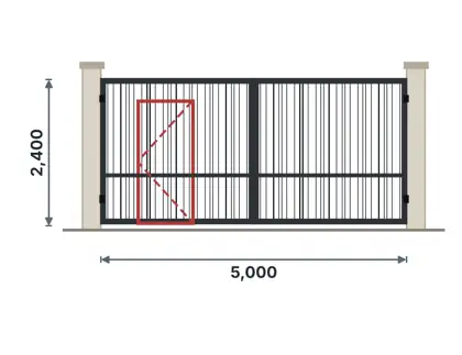 SG07-N Double gate with wicket door technical drawing, viewed from outside
