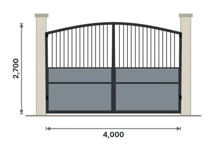 SG08-J Arched-top double gate technical drawing, viewed from outside