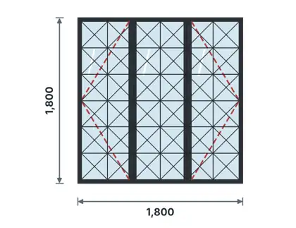 SW03-F Three-light casement window technical drawing, viewed from outside