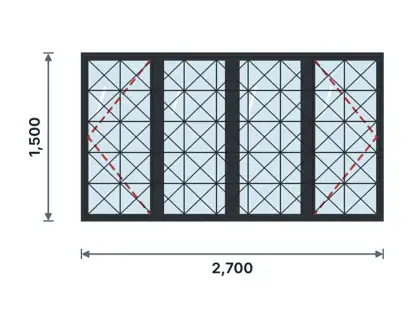 SW04-F Four-light casement window technical drawing, viewed from outside
