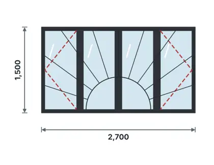 SW04-G Four-light casement window technical drawing, viewed from outside