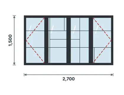 SW04-I Four-light casement window technical drawing, viewed from outside