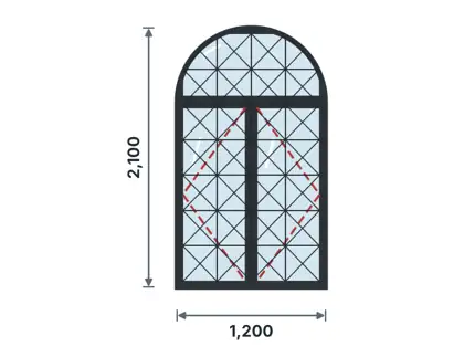 SW09-F Arched-head double casement technical drawing, viewed from outside