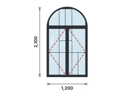 SW09-I Arched-head double casement technical drawing, viewed from outside
