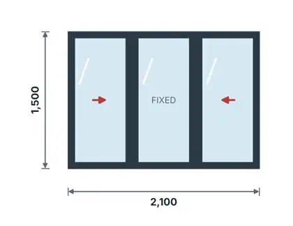 WS-07 Heavy-duty 3-panel sliding window technical drawing, viewed from outside