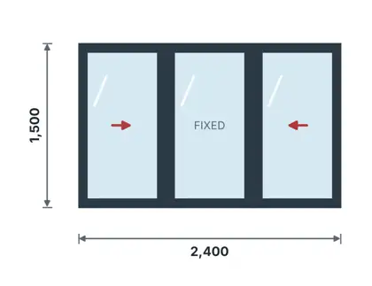 WS-08 Heavy-duty 3-panel sliding window technical drawing, viewed from outside